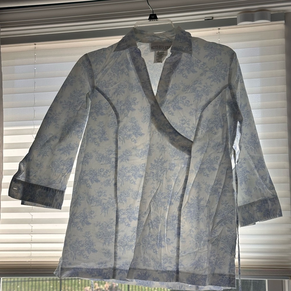 Motherhood Blue and White Asymmetrical Blouse with Notched Collar